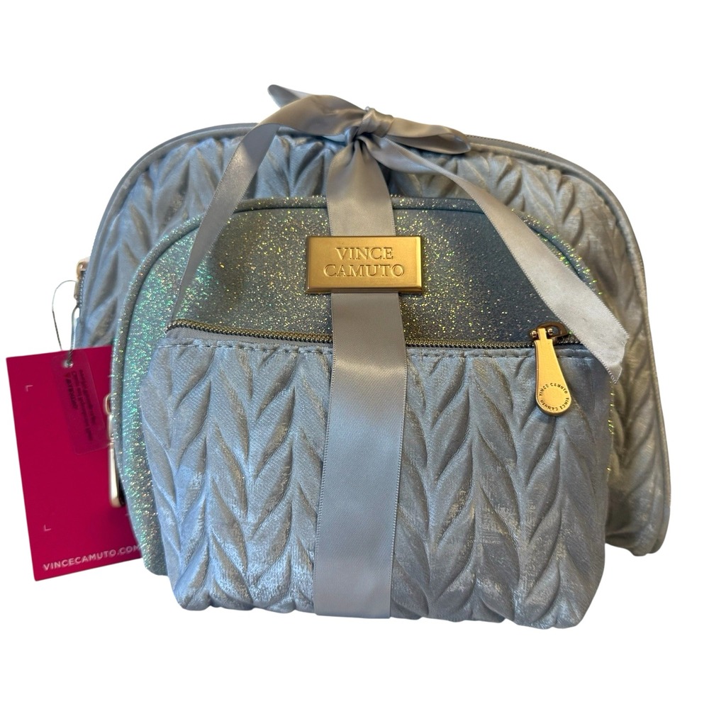 VINCE CAMUTO Silver Cosmetic Bag Set Textured Leaf Pattern Makeup Travel NWT